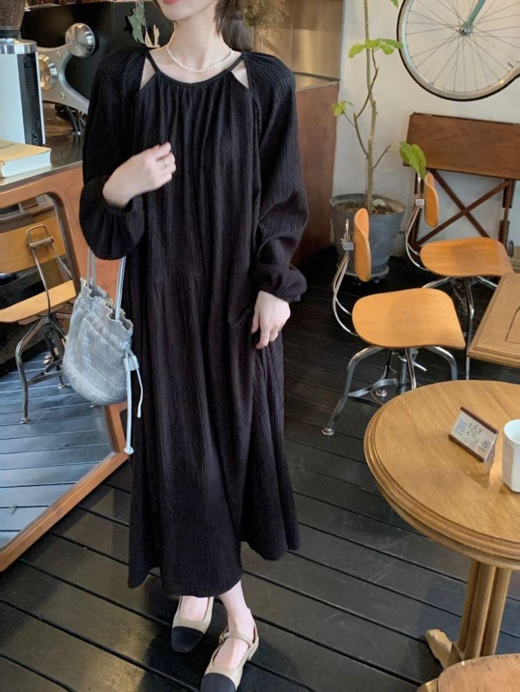 Long-Sleeve Round Neck Plain Cutout Midi A-Line Dress Product Image