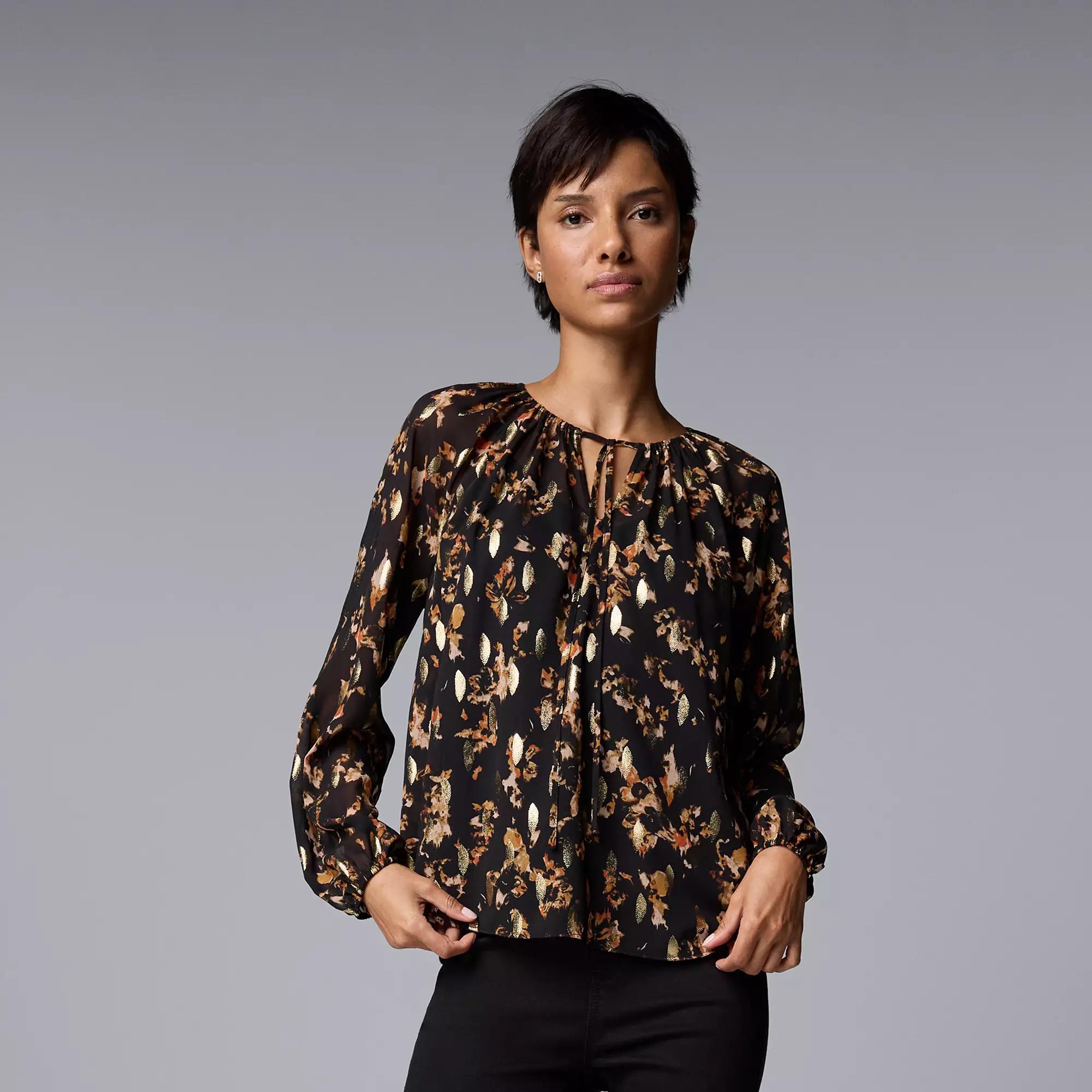 Petite Simply Vera Vera Wang Tie Neck Balloon Sleeve Shirred Blouse, Women's, Size: XS Petite, Black Gold Petals Product Image