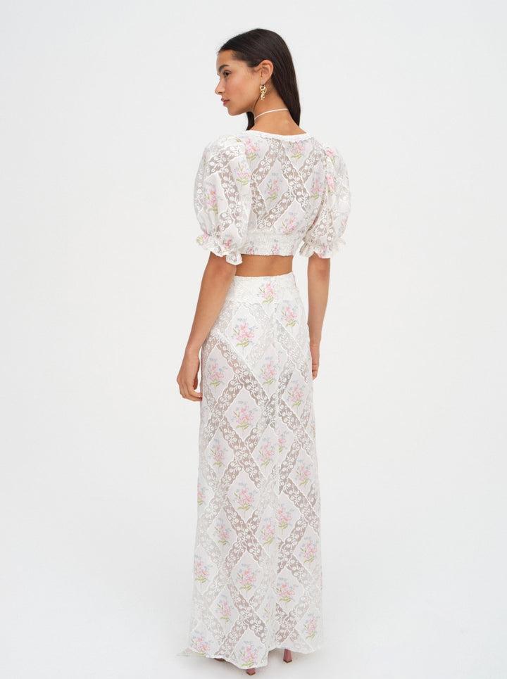 Dakota Floral Maxi Skirt — White Product Image
