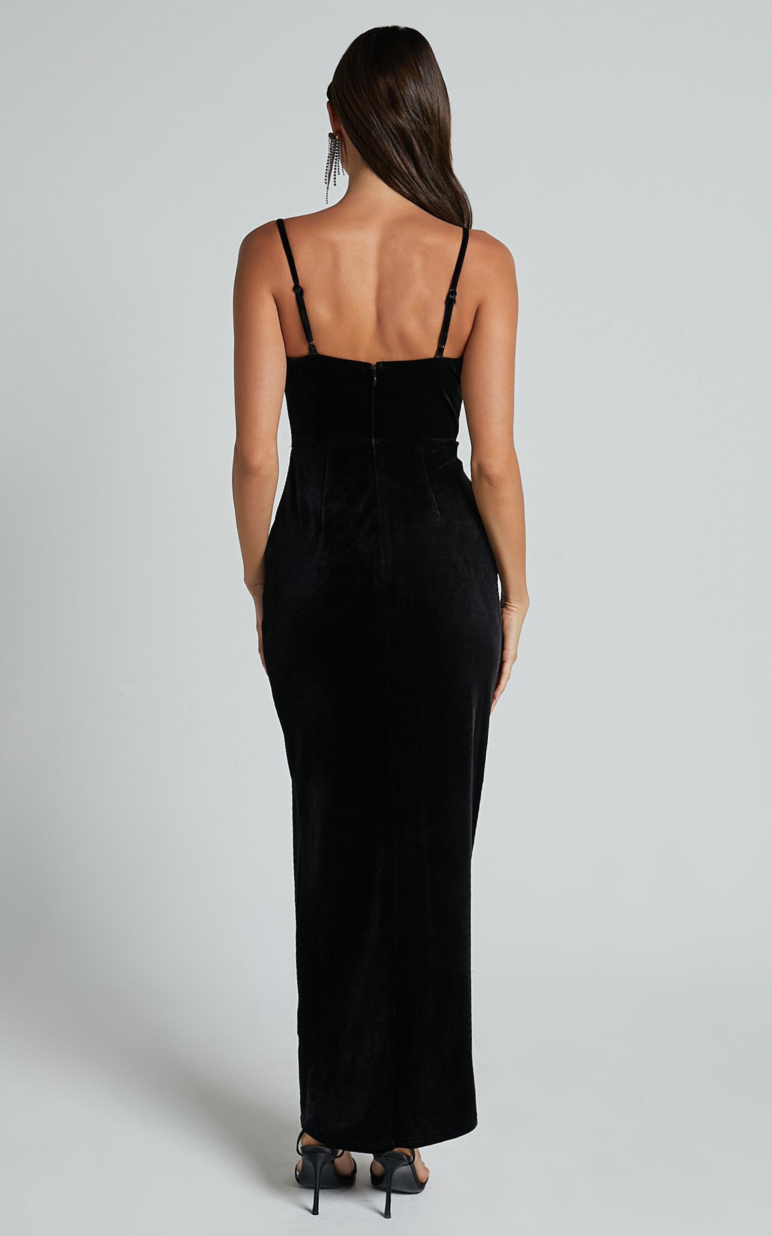 Adeline Midi Dress - Velvet Cowl Neck Drape Dress in Black Product Image