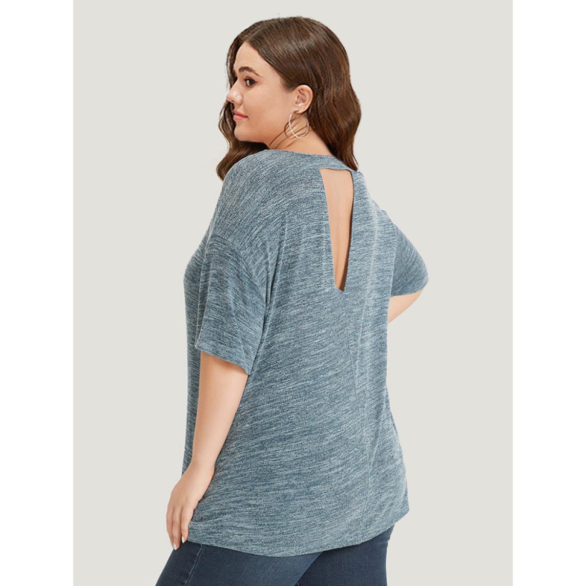 Plus Size Heather Cut Out Drop Shoulder T-shirt Aegean Women Casual Heather Plain Round Neck Dailywear T-shirts BloomChic 10/M Product Image