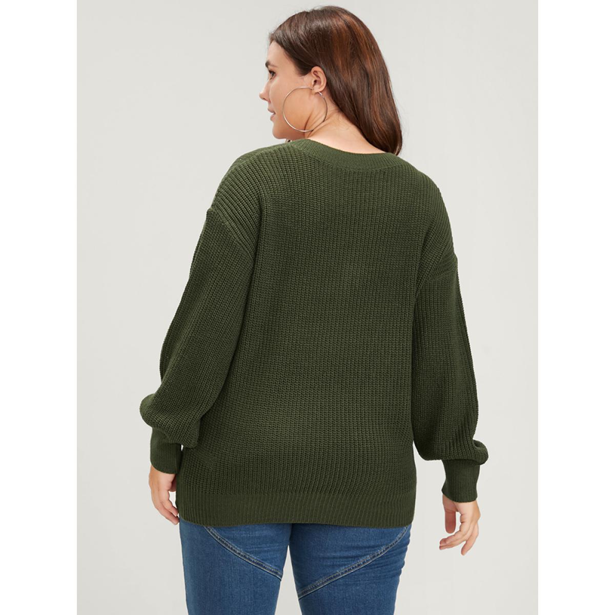 Plus Size Solid Pointelle Knit V Neck Knit Top ArmyGreen Women Casual Loose Long Sleeve V-neck Dailywear Pullovers BloomChic 12/L Product Image