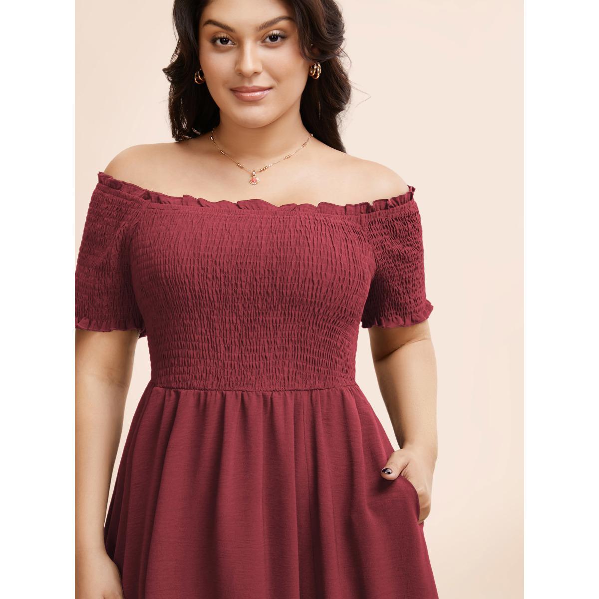Plus Size Off Shoulder Shirred Lace Patchwork Dress Burgundy Women Elegant Woven ribbon&lace trim One-shoulder neck Short sleeve Curvy BloomChic 30/6X Product Image