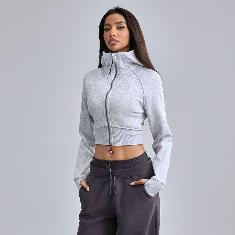 Stand Collar Plain Fleece-Lined Zip Hoodie Product Image