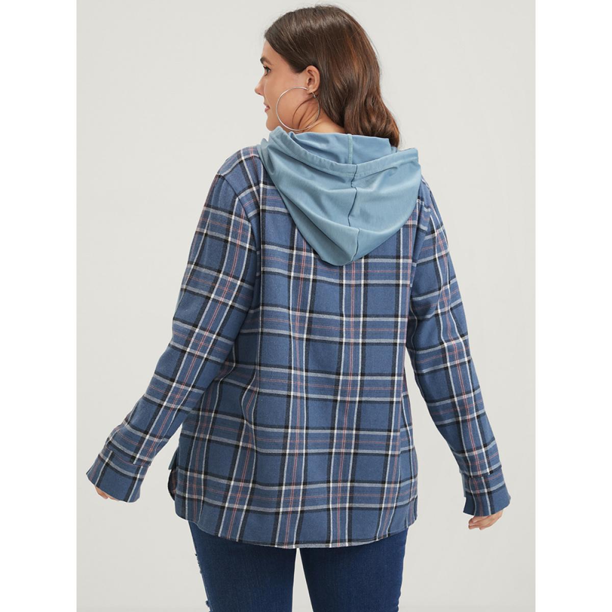 Plus Size Plaid Contrast Asymmetrical Drawstring Hooded Sweatshirt Women DarkBlue Casual Contrast Loose Hooded Dailywear Sweatshirts BloomChic 18-20/2X Product Image