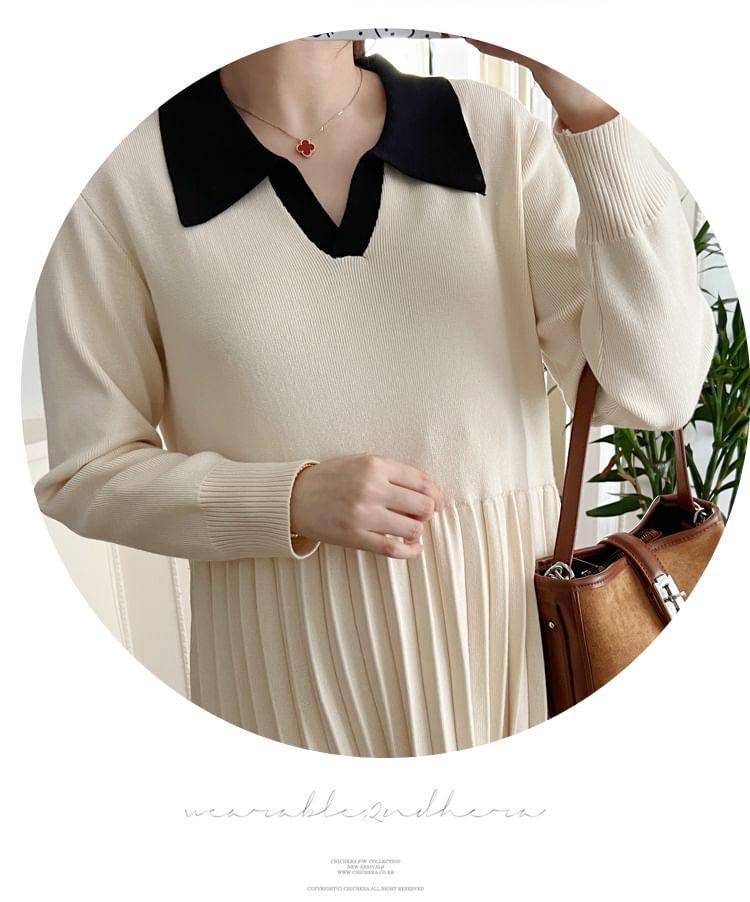 Maternity Long-Sleeve Collar Plain Pleated Hem Knit Midi A-Line Dress Product Image