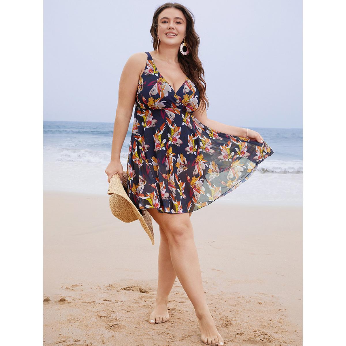 Plus Size Floral Mesh Surplice Neck Ruffles Swim Dress Women's Swimwear Indigo Vacation Bodycon V-neck High stretch Curve Swim Dresses BloomChic 12/L Product Image