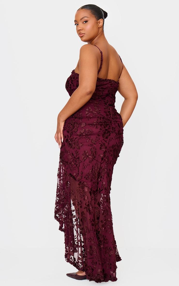 Plus Cherry Red Devore Cut Out Frill Detail Dress Product Image