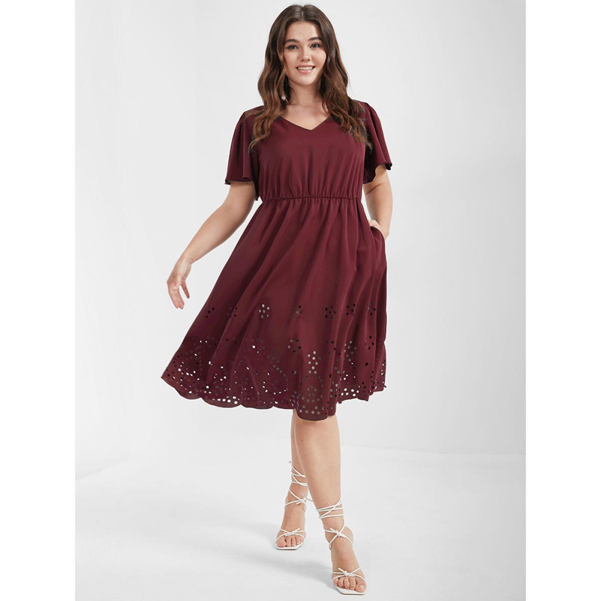 Plus Size Solid Ruffles Pocket Broderie Anglaise Knee Dress Burgundy Women Elegant Cut-Out V-neck Short sleeve Curvy Knee Dress BloomChic 14-16/1X Product Image