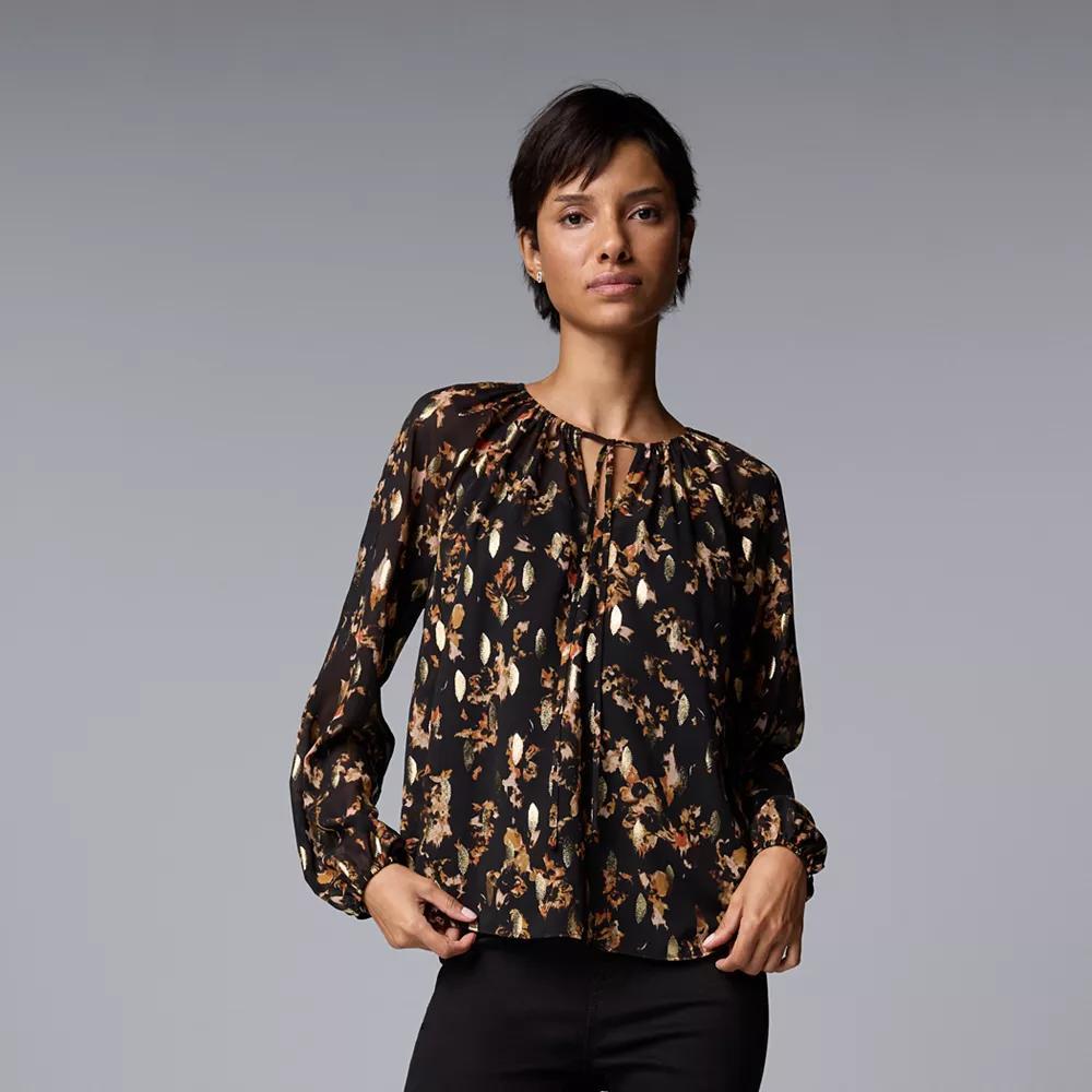 Petite Simply Vera Vera Wang Tie Neck Balloon Sleeve Shirred Blouse, Women's, Size: XS Petite, Black Gold Petals Product Image