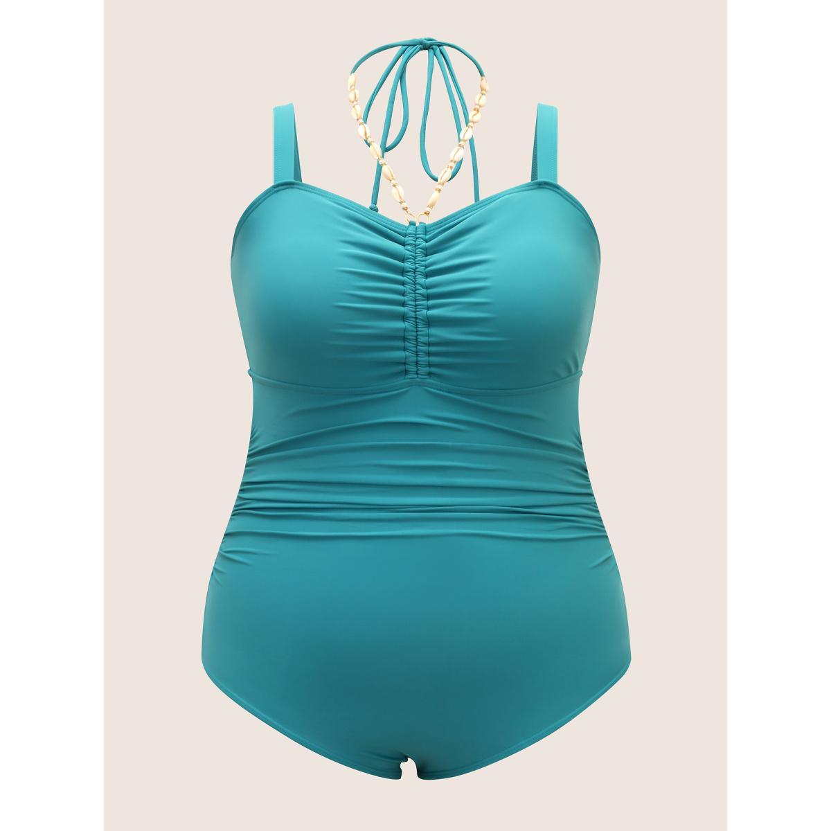 Plus Size Solid Ruched Shell Chain Detail One Piece Swimsuit Women's Swimwear Teal Beach Tie knot Curve Bathing Suits High stretch One Pieces BloomChic 18-20/2X Product Image