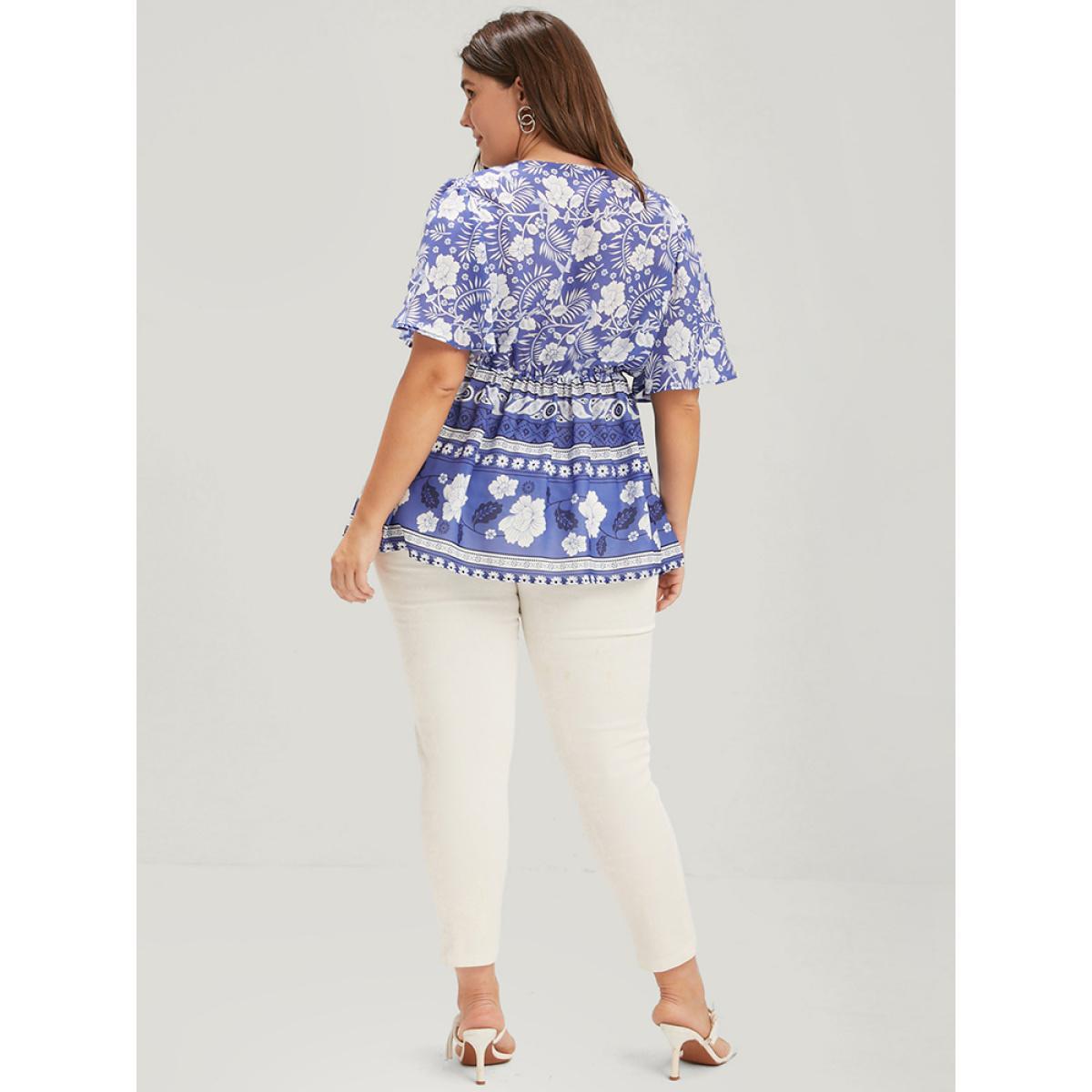 Plus Size Blue Bandana Ruffles Elastic Waist Wrap Blouse Women Vacation Short sleeve V-neck Dailywear Blouses BloomChic 30/6X Product Image