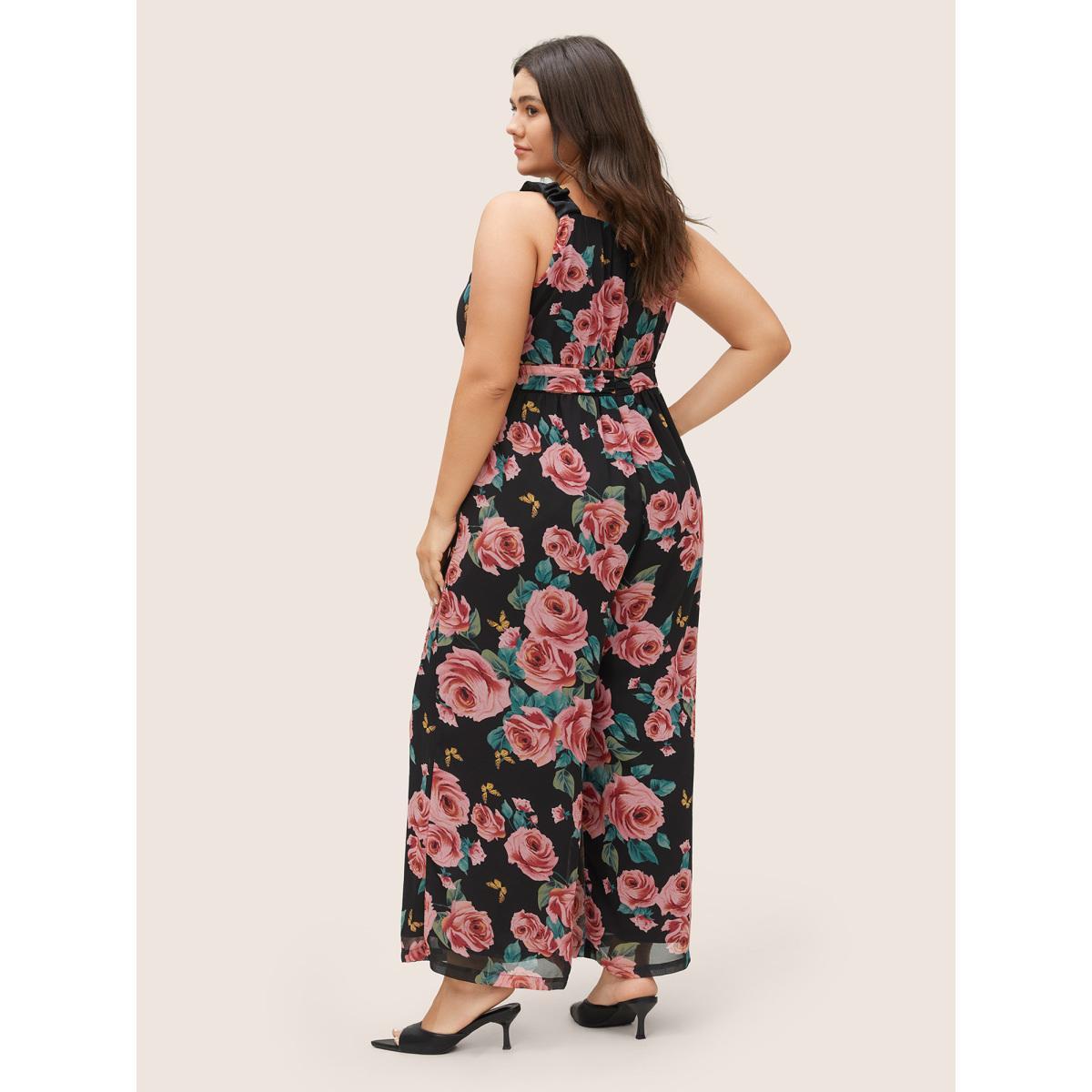 Plus Size BlackFlower Floral Print Ruched Detail Pocket Cami Jumpsuit Women Elegant Sleeveless Non Everyday Loose Jumpsuits BloomChic 12/L Product Image