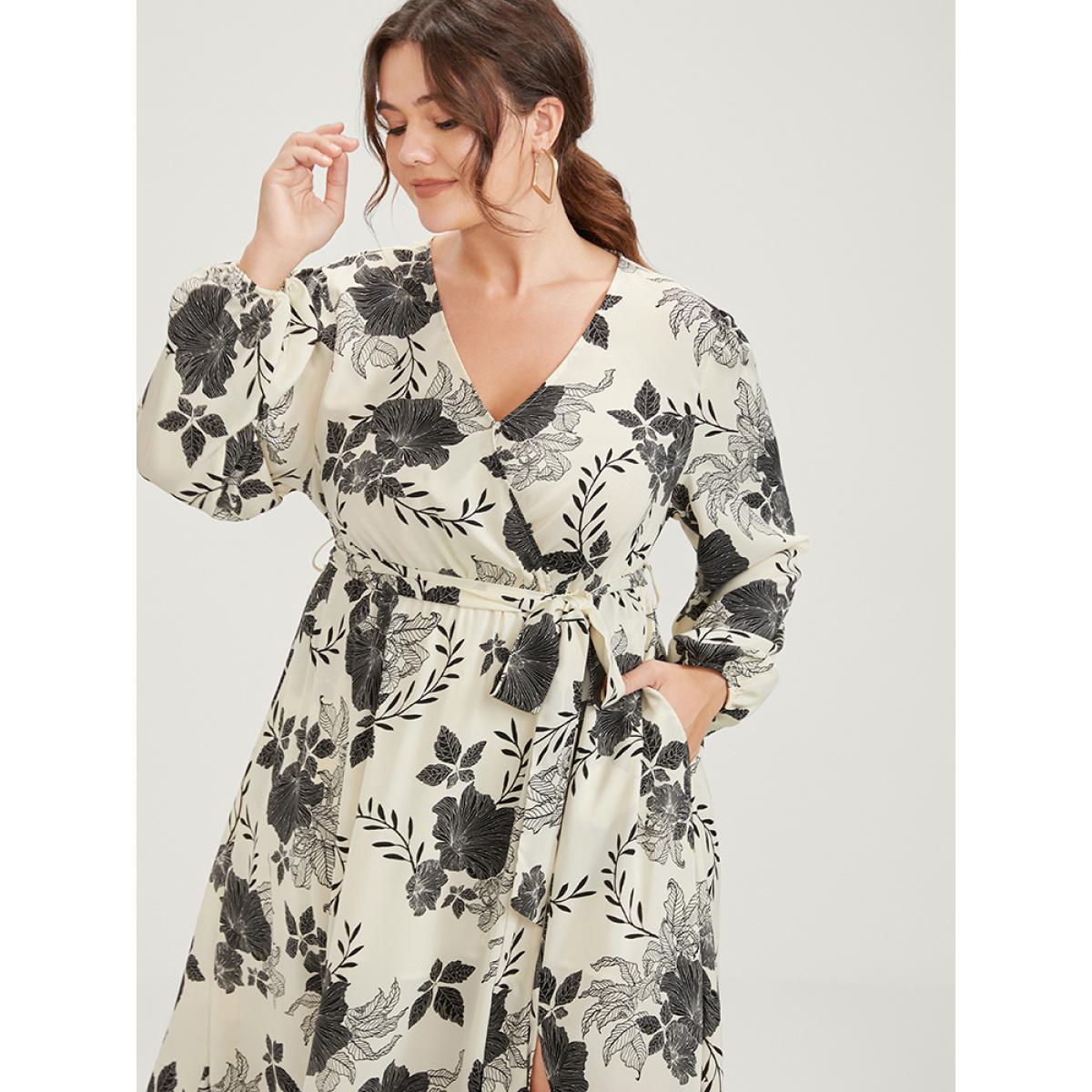 Plus Size Floral Print Lantern Sleeve Pocket Split Belted Dress Beige Women Elegant Belted V-neck Long Sleeve Curvy Midi Dress BloomChic 12/L Product Image