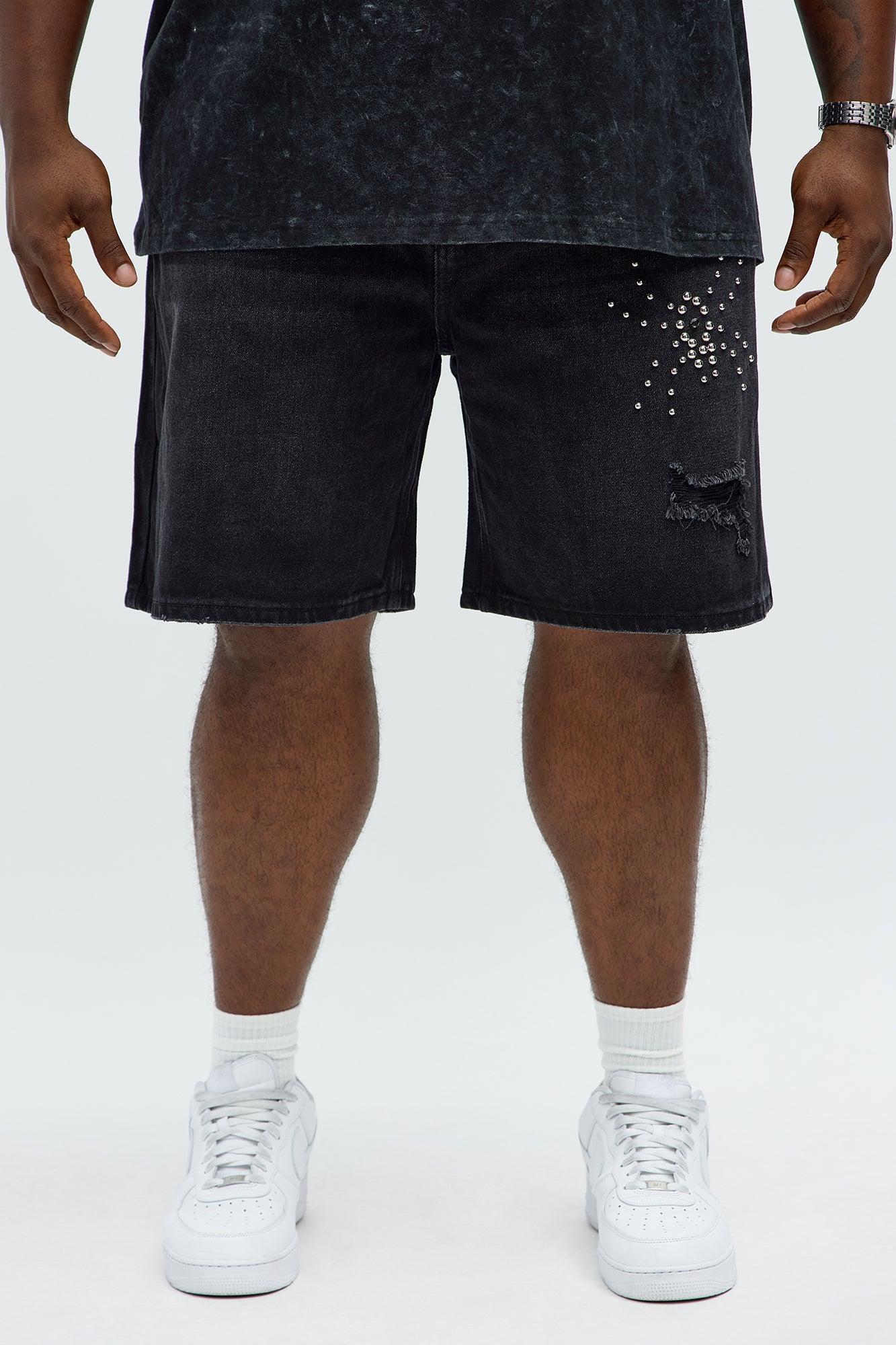Relaxed Studded Spider Denim Shorts - Black Wash Product Image