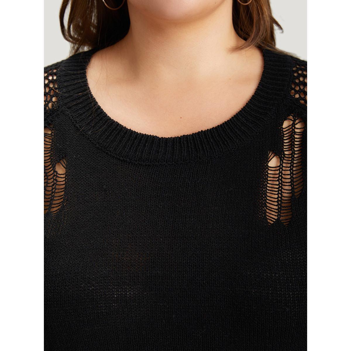 Plus Size Hollow Out Patchwork Raglan Sleeve Ripped Pullover Black Women Casual Loose Long Sleeve Round Neck Dailywear Pullovers BloomChic 10/M Product Image