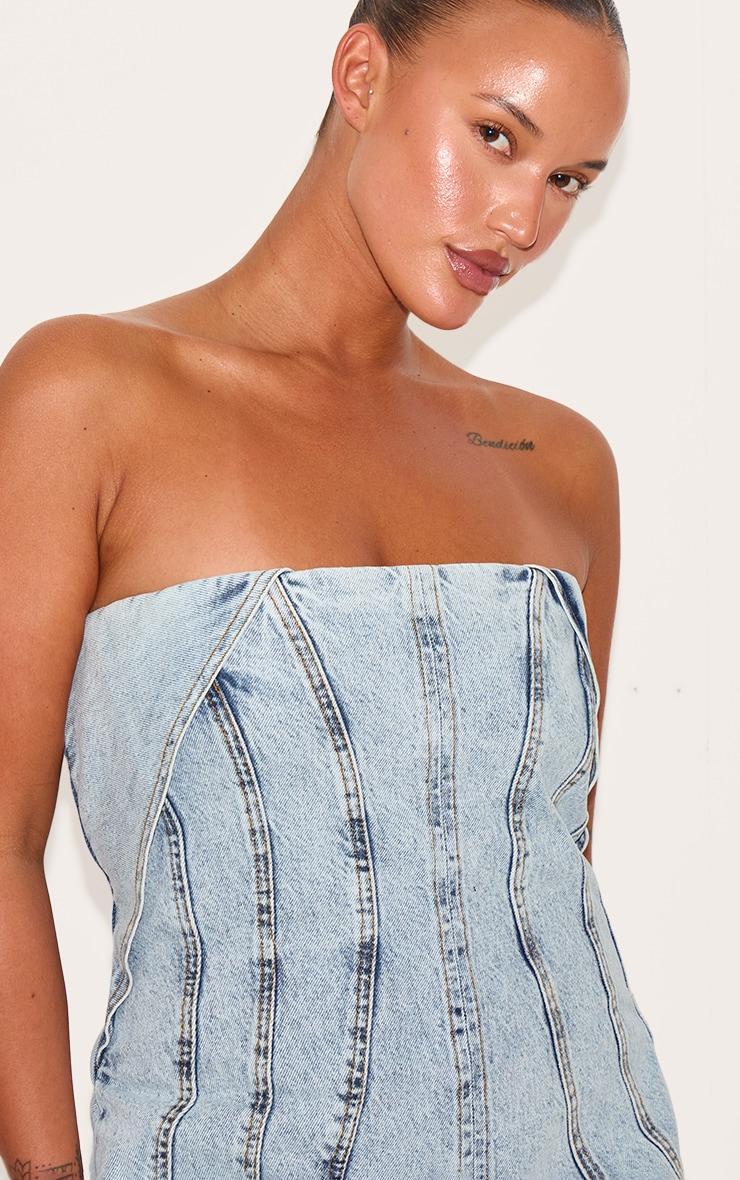 Plus Light Blue Seam Fold Over Bust Detail Denim Dress Product Image