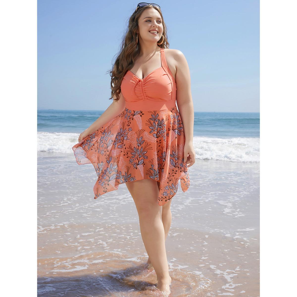 Plus Size Floral Drawstring Crisscross Back Hanky Hem Swim Dress Women's Swimwear Salmon Beach Bodycon Heart neckline High stretch Curve Swim Dresses BloomChic 18-20/2X Product Image