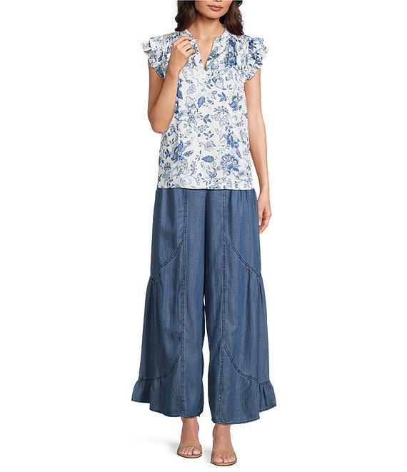 Current Air Woven Floral Print Ruffle Collar Short Sleeves Smoke Yoke Blouse Product Image