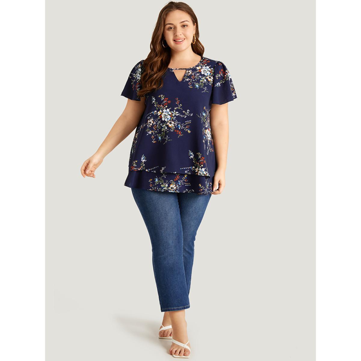 Plus Size Indigo Floral Print Keyhole Flutter Sleeve Blouse Women Elegant Short sleeve Keyhole Cut-Out Dailywear Blouses BloomChic 14-16/1X Product Image