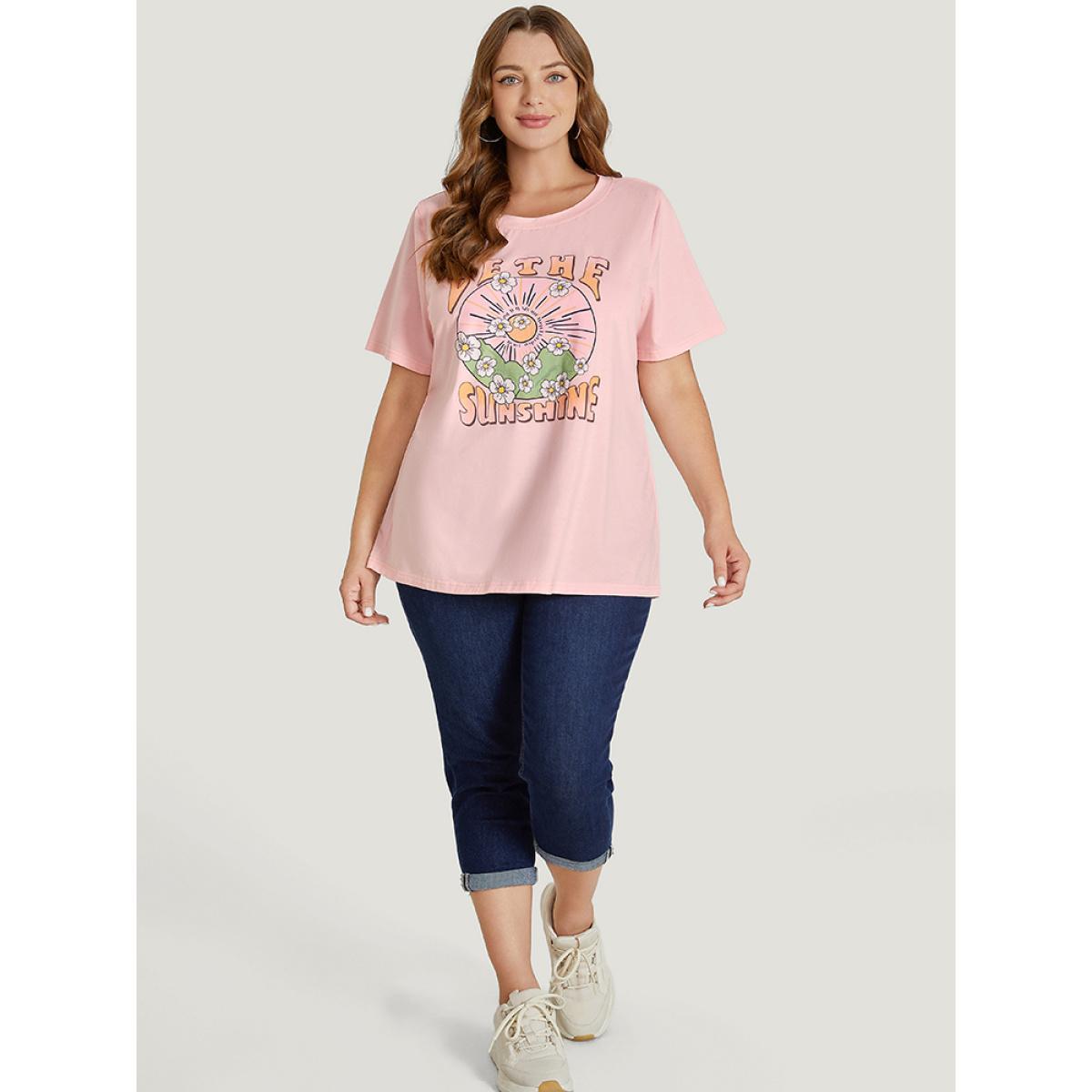 Plus Size Floral & Sun Print Round Neck Graphic Tee MistyRose Women Casual Art&design Dailywear T-shirts BloomChic 12/L Product Image