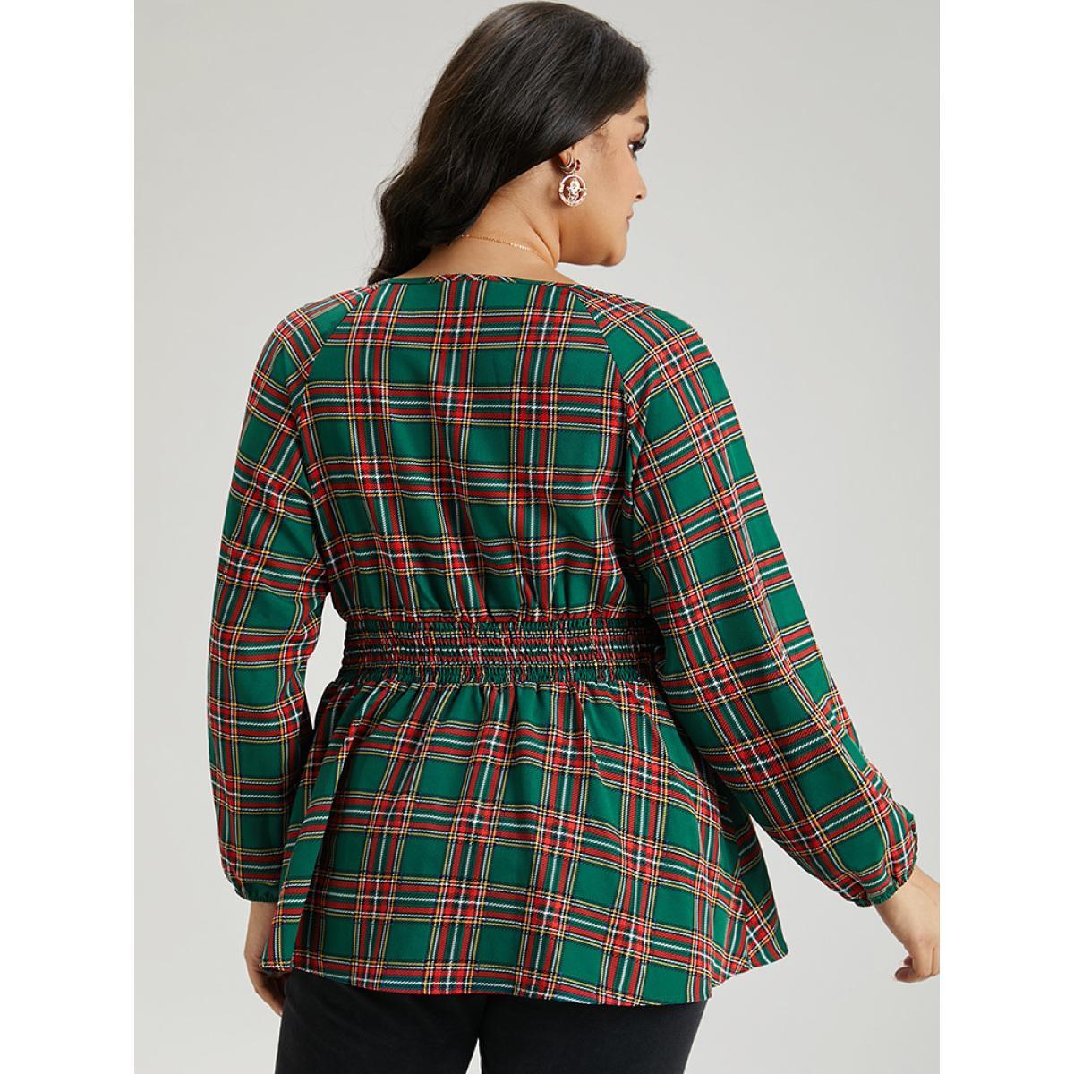 Plus Size Green Christmas Plaid Shirred Ruffle Hem Blouse Women Elegant Long Sleeve Round Neck Festival-Christmas Blouses BloomChic 14-16/1X Product Image