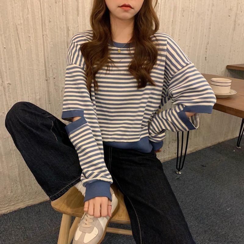 Crewneck Striped Cutout Pullover Product Image