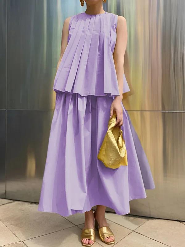 A-Line Loose Pleated Solid Color Round-Neck Vest Top Product Image