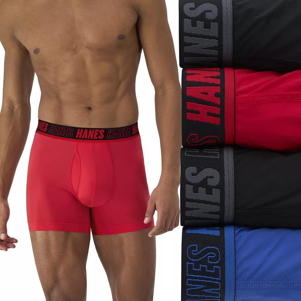 Hanes Moves Ultimate 4-Pack Men's Anti-Chafe Trunk Underwear Total Support Pouch X-Temp 4", Size: Small, Black Red Product Image