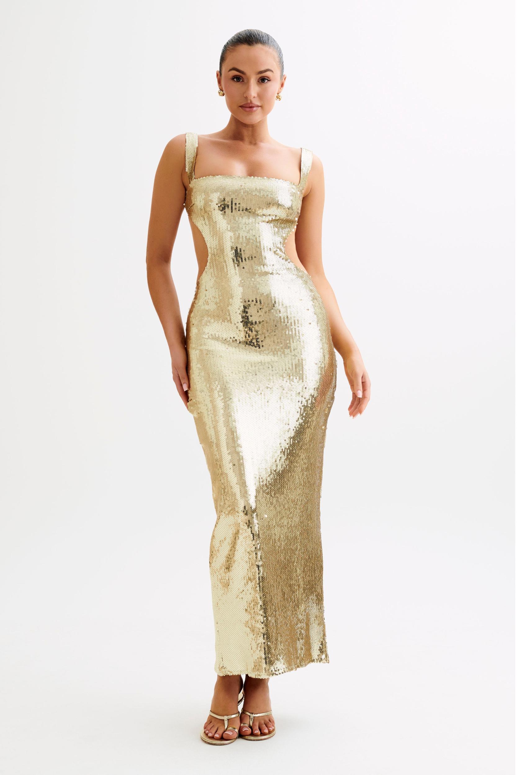 Adoria Sequin Cut Out Maxi Dress - Gold Product Image