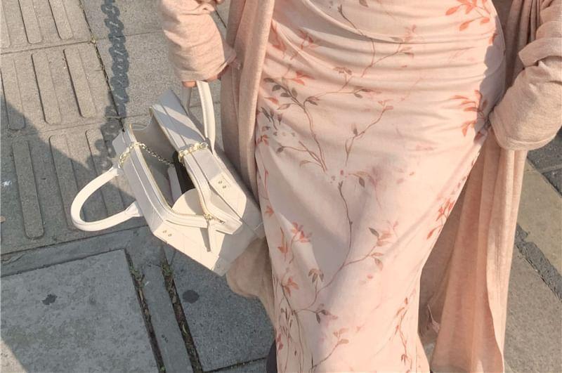 Plain Long Cardigan / Spaghetti Strap Floral Midi Sheath Dress Product Image