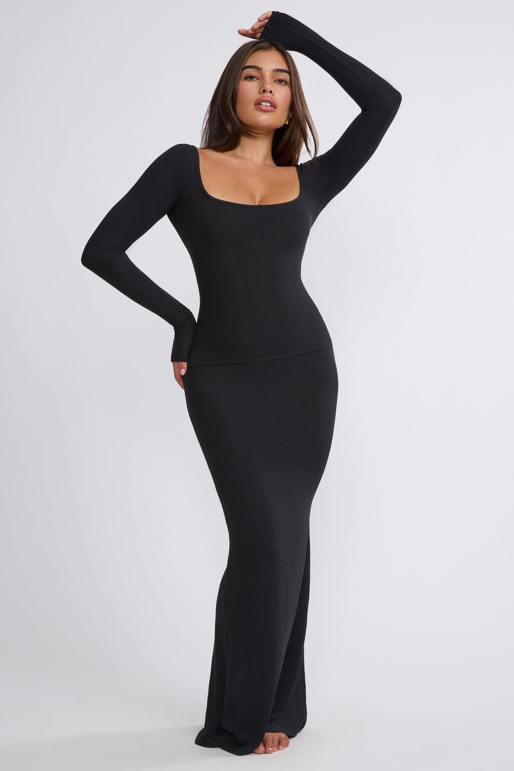 Ribbed Modal Mid Rise Maxi Skirt in Black Product Image