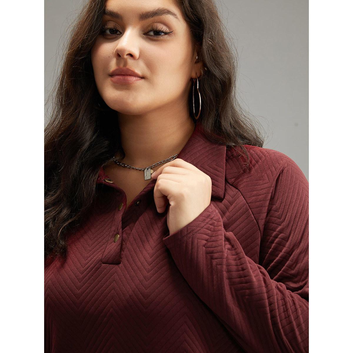 Plus Size Solid Plisse Pocket Button Up Sweatshirt Women Burgundy Casual Texture Polo Dailywear Sweatshirts BloomChic 18-20/2X Product Image