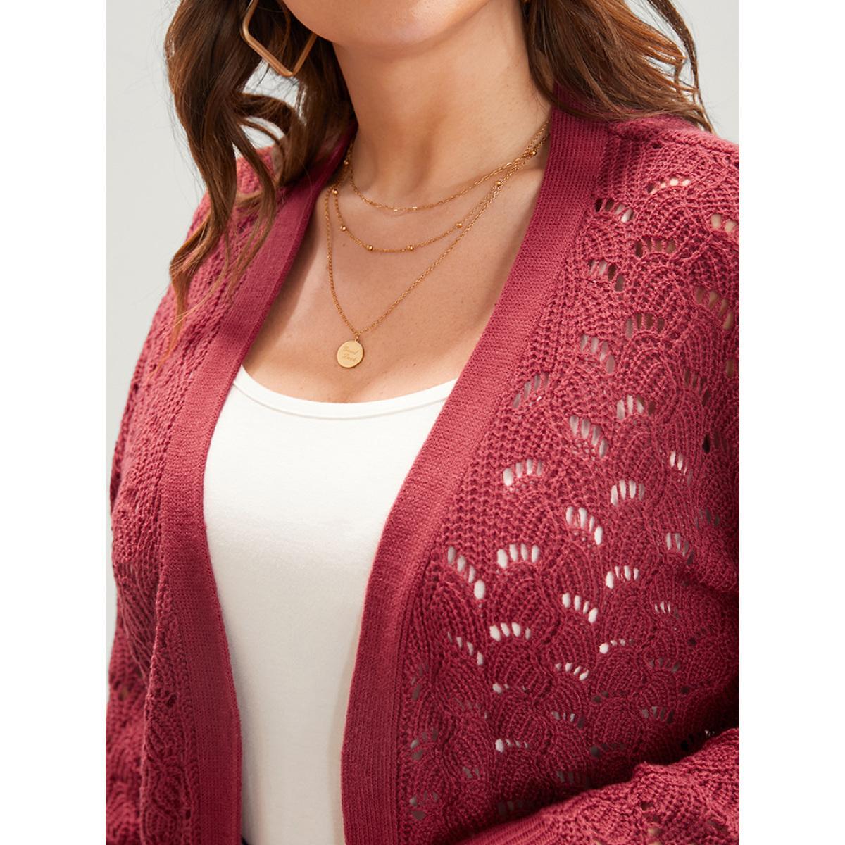 Plus Size Plain Pointelle Knit Cut Out Pocket Open Front Mid Long Cardigan Burgundy Women Casual Loose Long Sleeve Dailywear Cardigans BloomChic 10/M Product Image