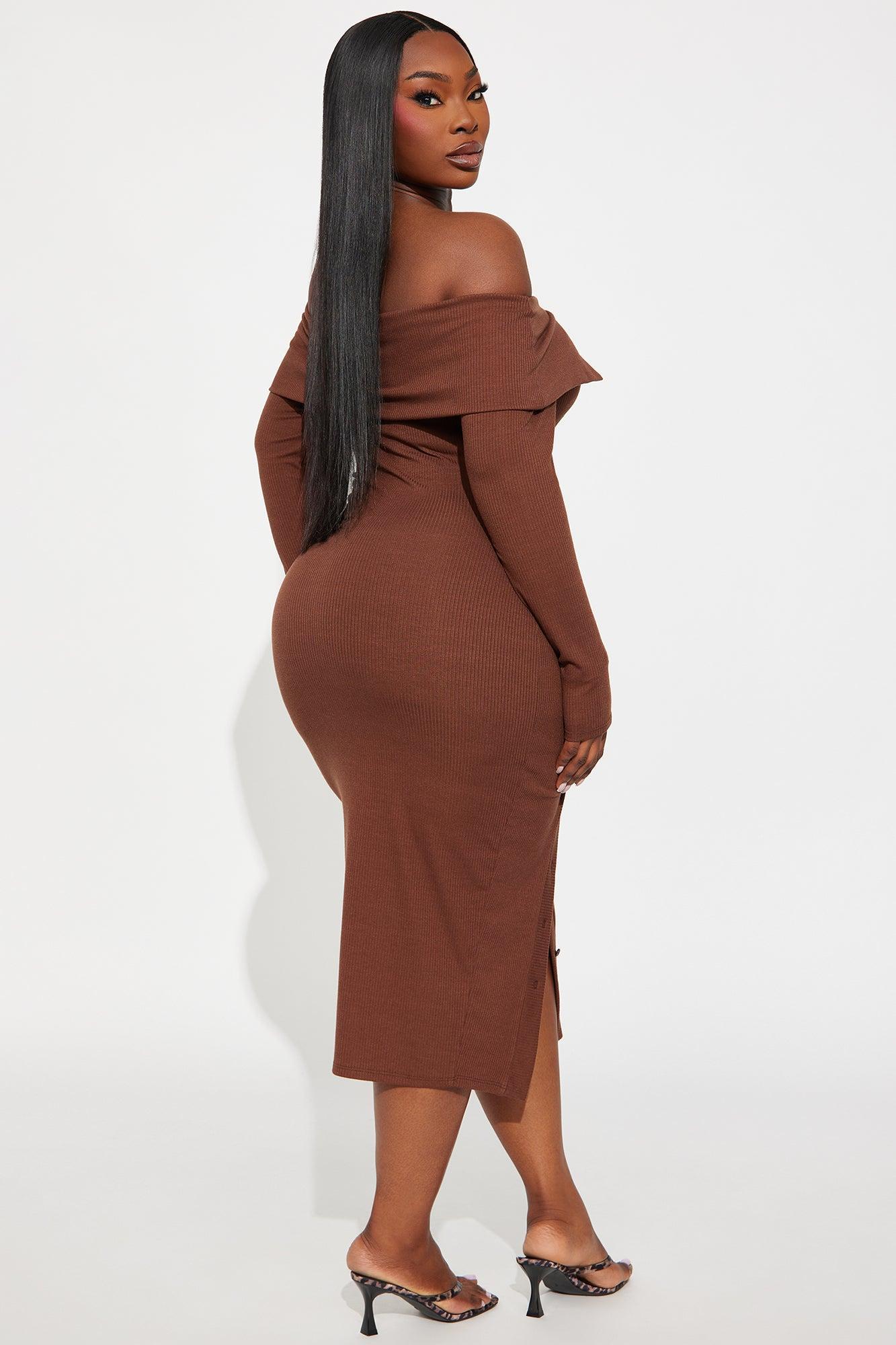 Leilani Off Shoulder Sweater Midi Dress - Chocolate Product Image