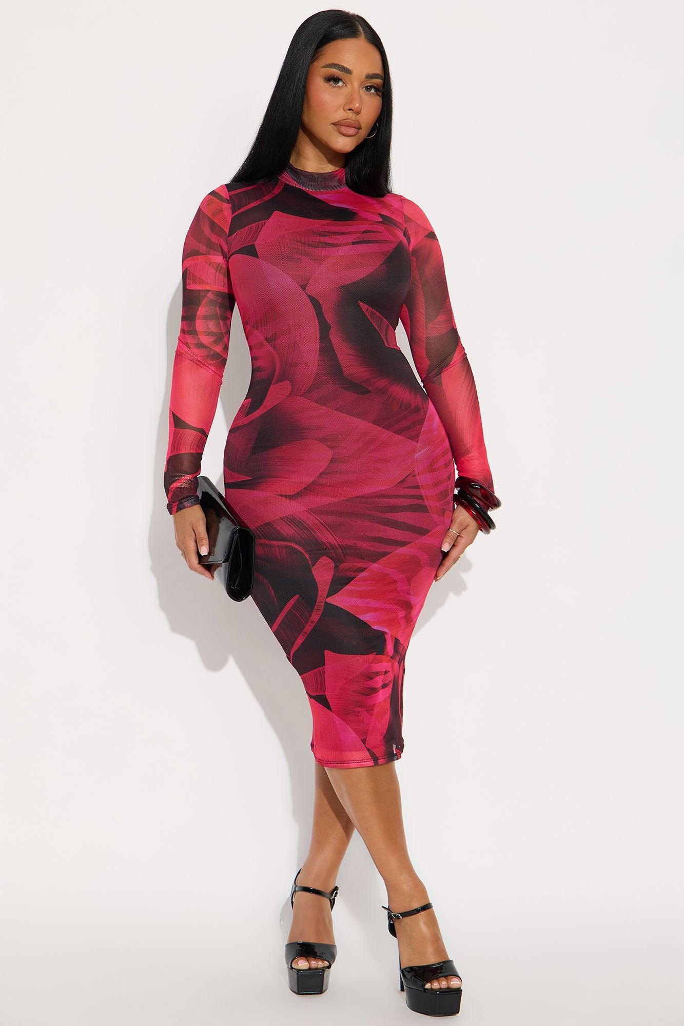 Floral Feelings Mesh Midi Dress - Black/Pink Product Image