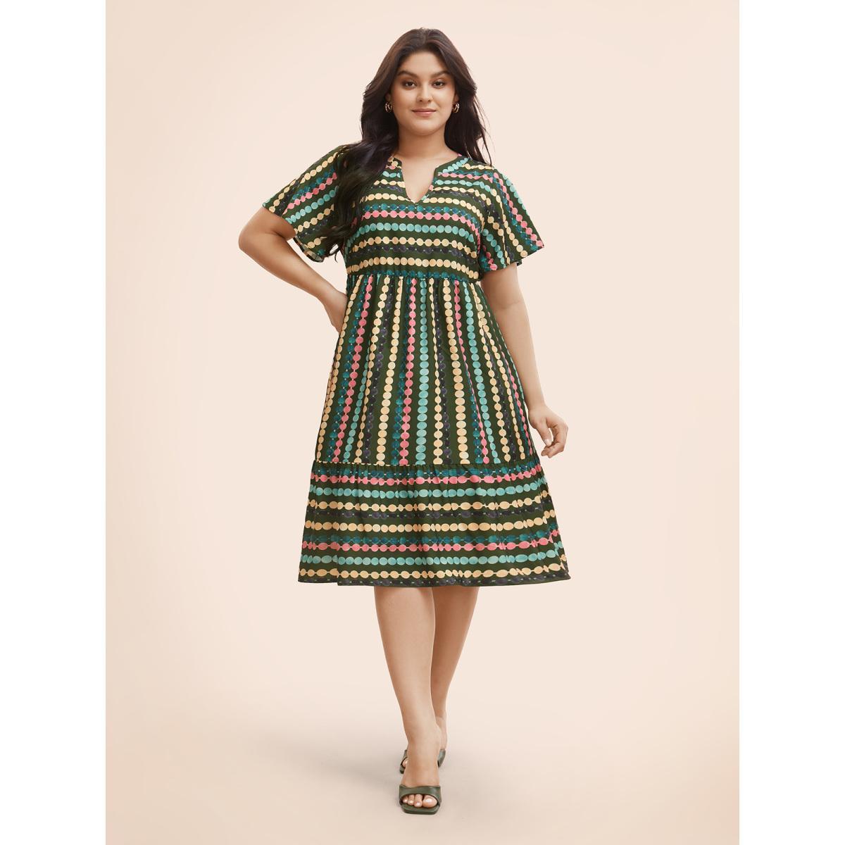 Plus Size Dot Print Elastic Waist Split Neck Midi Dress Moss Women Casual Ruffles Flat collar with V-notch Short sleeve Curvy BloomChic 30/6X Product Image