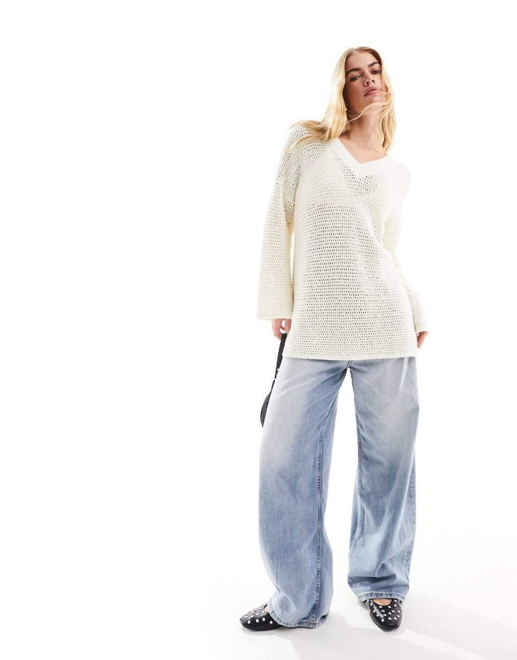 4th & Reckless v neck lightweight open knit sweater Product Image