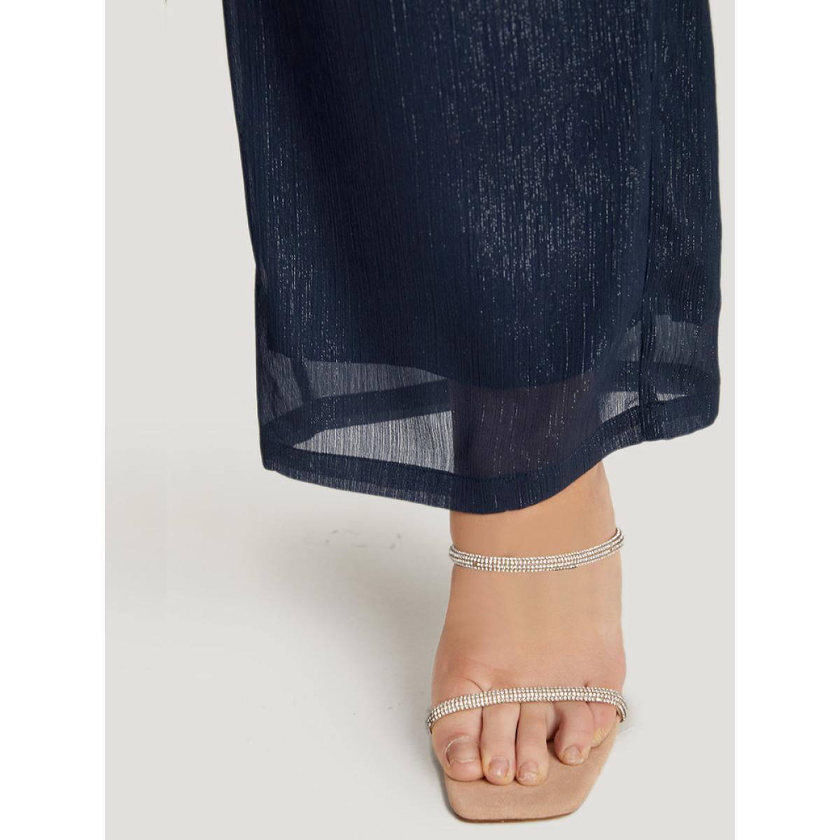 Plus Size Plain Glitter Shirred Waist Pocket Pants Women Indigo Glamour High Rise Going out Pants BloomChic 12/L Product Image