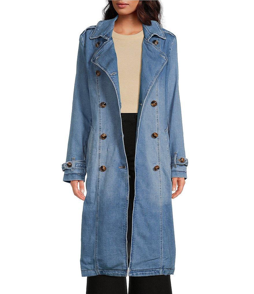 A Loves A Stretch Denim Point Collar Double Breasted Button Front Tie at Waist Long Trench Coat Product Image