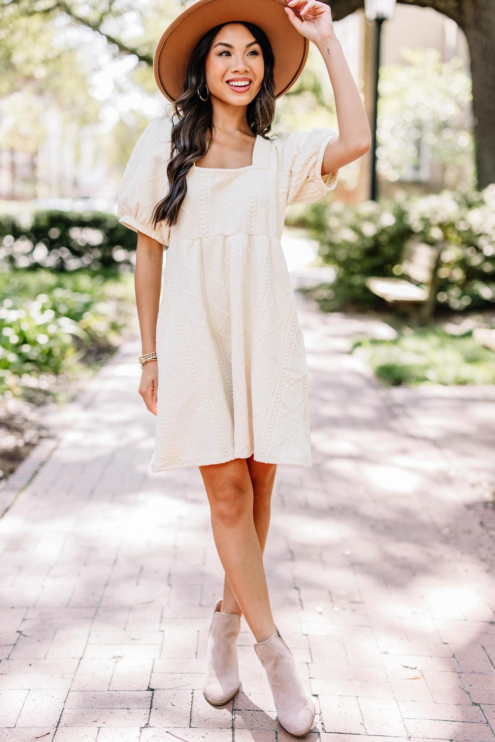 On Your Team Cream White Cable Knit Babydoll Dress Female Product Image