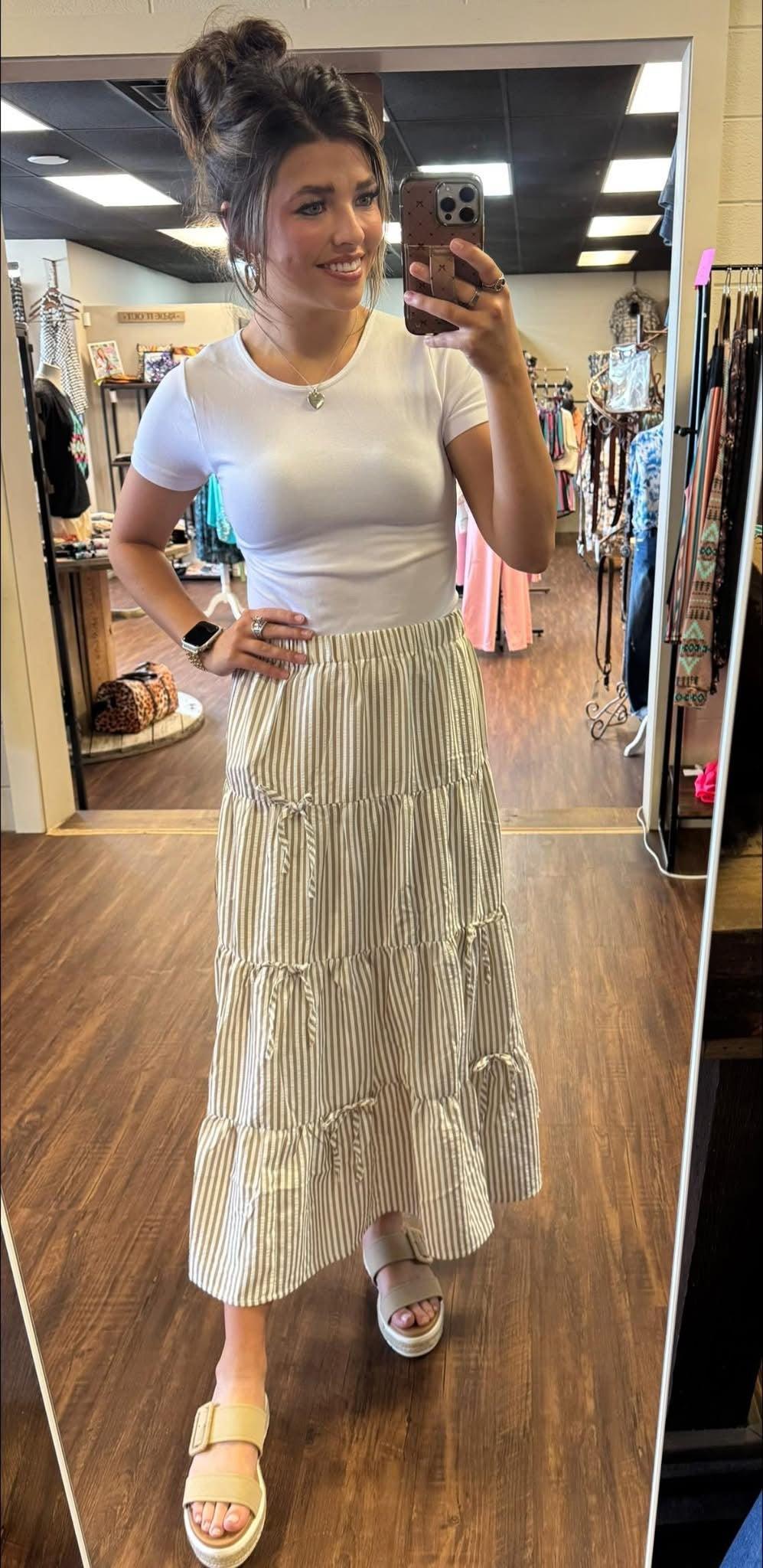 Bow Tie Tiered Taupe Stripe Maxi Skirt Product Image