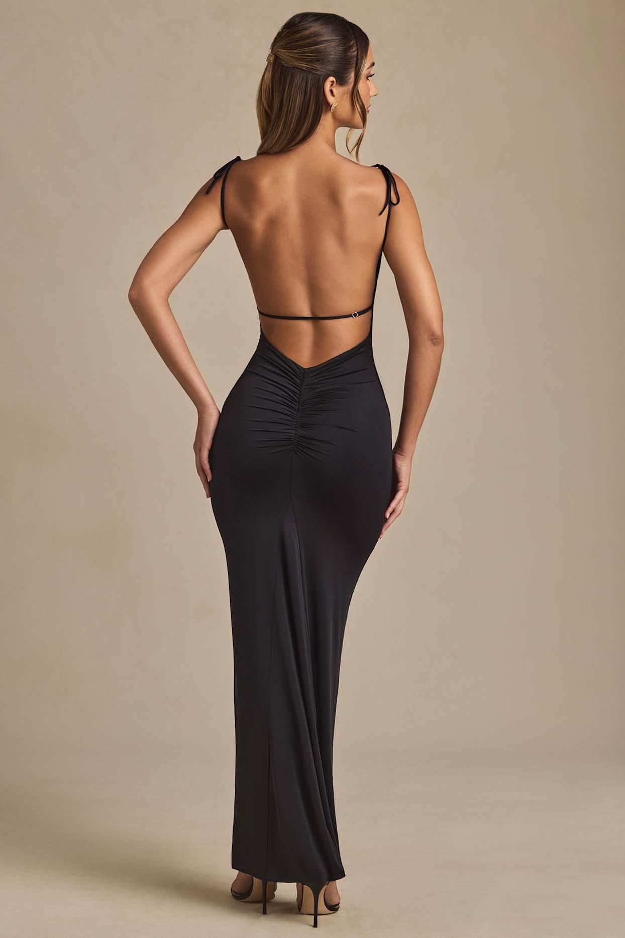 Ruched Backless Maxi Dress in Black Product Image