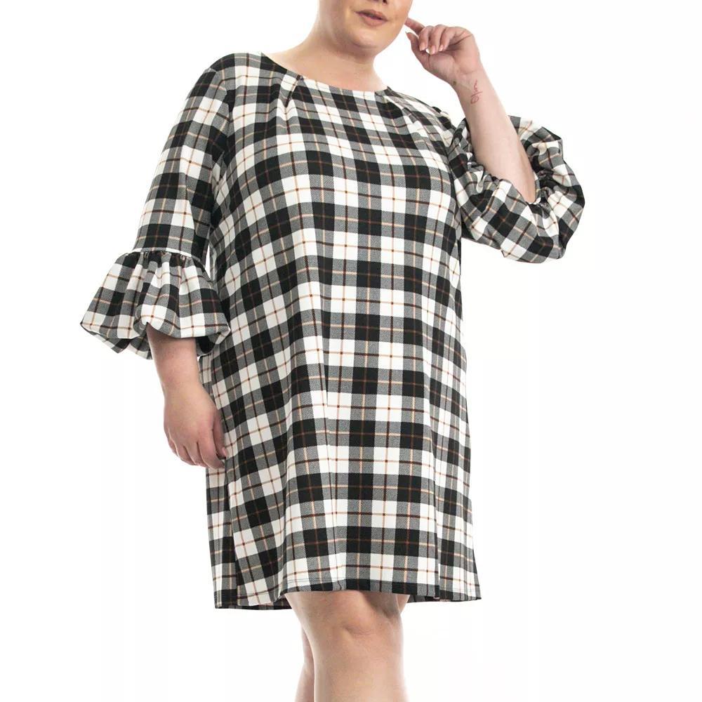 Plus Size Nina Leonard Balloon Sleeve Shift Dress, Women's, Size: 3XL, Ivory Black Mocha Product Image