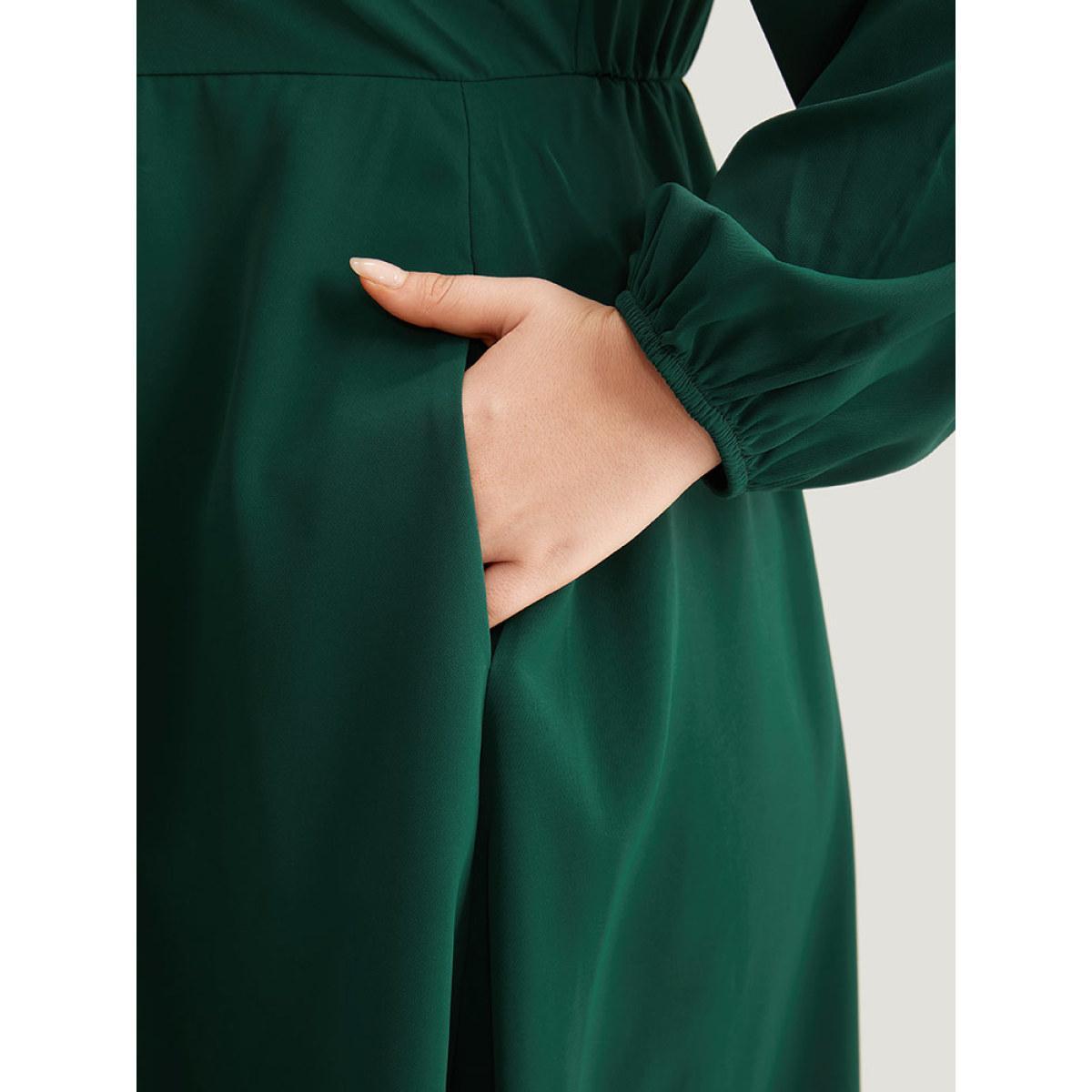 Plus Size Anti-Wrinkle Frill Trim Elastic Cuffs Dress DarkGreen Women Office Elastic cuffs Mock Neck Long Sleeve Curvy Midi Dress BloomChic 22-24/3X Product Image