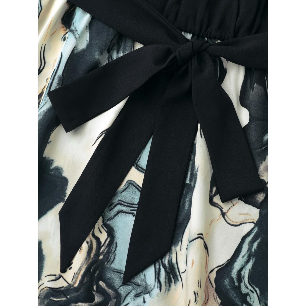 Plus Size Surplice Neck Marble Print Belted Dress Black Women At the Office Belted Overlap Collar Long Sleeve Curvy BloomChic 12/L Product Image