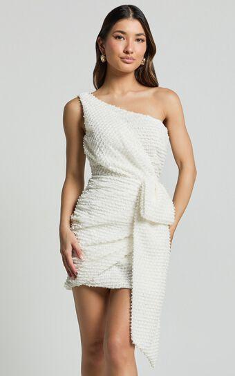 Elisa Mini Dress - One Shoulder Wrap Skirt Bow Detail Dress in Cream Product Image