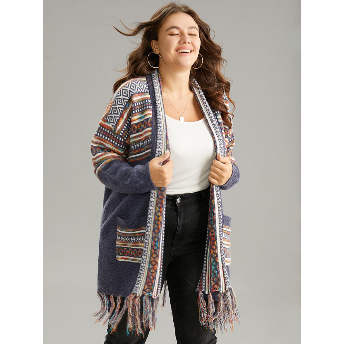 Plus Size Supersoft Essentials Bandana Tassel Trim Cardigan Indigo Women Casual Loose Long Sleeve Everyday Cardigans BloomChic 28/5X Product Image