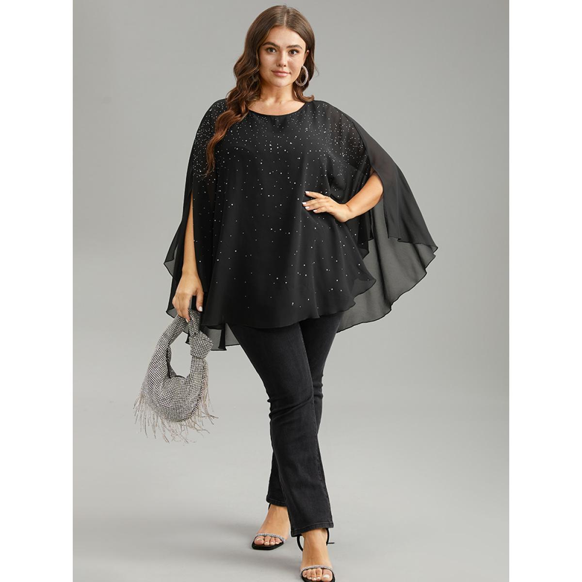 Plus Size Black Chiffon Rhinestone Split Dolman Sleeve Blouse Women Cocktail Elbow-length sleeve Round Neck Party Blouses BloomChic 12/L Product Image