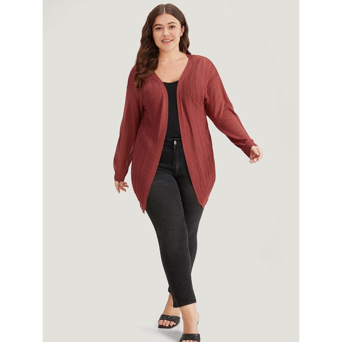 Plus Size Geometric Plisse Patchwork Loose Open Front Cardigan Russet Women Casual Loose Long Sleeve Everyday Cardigans BloomChic 10/M Product Image